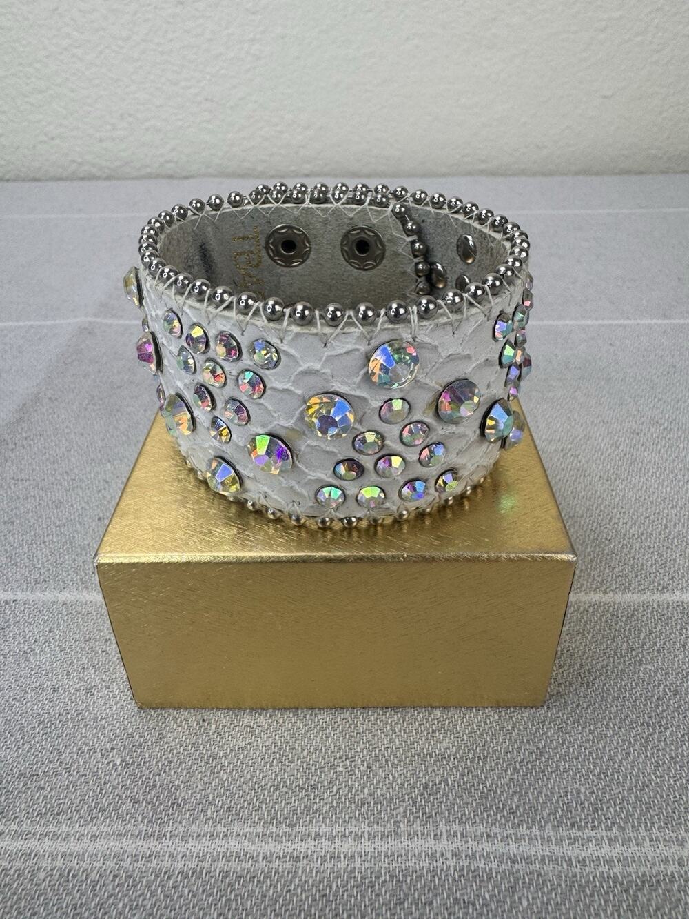 Genuine Leather Wide Bracelet Cuff Rhinestone Studs Cowgirl Western Glam White